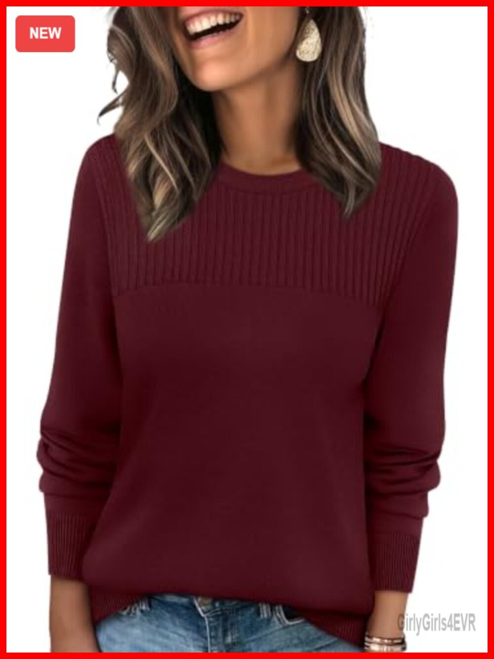 XIEERDUO Women's Long Sleeve Pullover Sweater Crew Neck Ribbed Knit